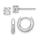Sterling Silver RH-plated 2.5mm Huggie Hoops/5mm CZ Stud Earrings Set
